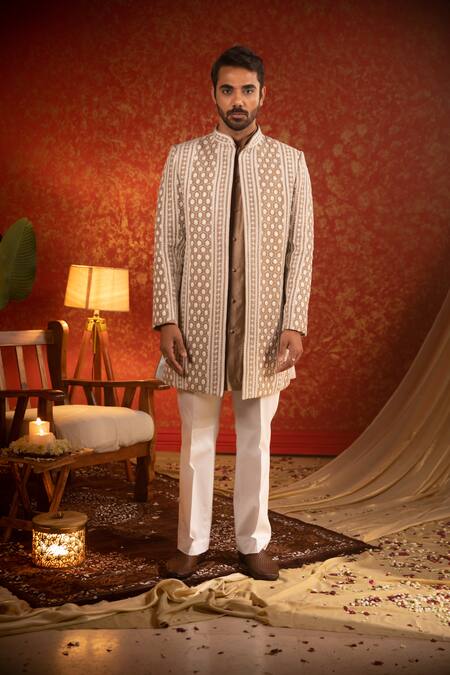 Buy Kaaj Button Beige Chanderi Silk Embroidery Thread Geometric Sherwani Set For Kids Online at Aza Fashions Buy_Kaaj Button_Beige Chanderi Silk Embroidery Thread Geometric Sherwani Set For Kids_Online_at_Aza_Fashions