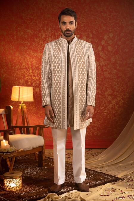 Shop Kaaj Button Beige Chanderi Silk Embroidery Thread Geometric Sherwani Set For Kids Online at Aza Fashions Shop_Kaaj Button_Beige Chanderi Silk Embroidery Thread Geometric Sherwani Set For Kids_Online_at_Aza_Fashions
