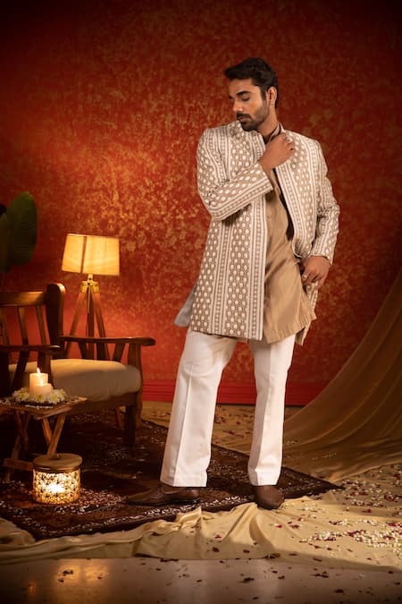 Kaaj Button Beige Chanderi Silk Embroidery Thread Geometric Sherwani Set For Kids at Aza Fashions Kaaj Button_Beige Chanderi Silk Embroidery Thread Geometric Sherwani Set For Kids_at_Aza_Fashions