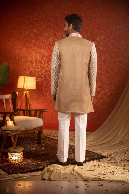 Buy Kaaj Button Beige Chanderi Silk Embroidery Thread Geometric Sherwani Set For Kids Buy_Kaaj Button_Beige Chanderi Silk Embroidery Thread Geometric Sherwani Set For Kids