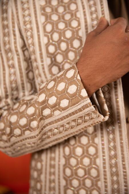 Shop Kaaj Button Beige Chanderi Silk Embroidery Thread Geometric Sherwani Set For Kids Shop_Kaaj Button_Beige Chanderi Silk Embroidery Thread Geometric Sherwani Set For Kids