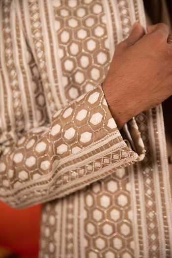 Buy_Kaaj Button_Beige Chanderi Silk, Cotton Cut Work, Embroidery Geometric Sherwani Set For Kids_Online_at_Aza_Fashions