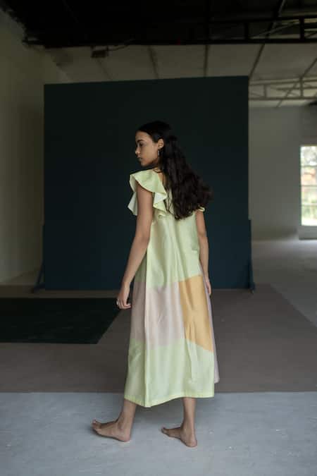 Shop_Oja_Yellow Handloom Cotton, Chanderi, Silk Tropical Asymmetric Kurta With Pant _at_Aza_Fashions