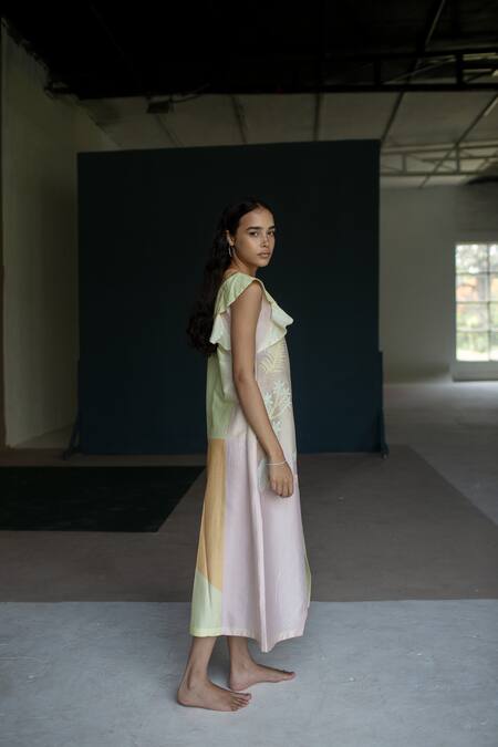 Oja_Yellow Handloom Cotton, Chanderi, Silk Tropical Asymmetric Kurta With Pant _Online_at_Aza_Fashions