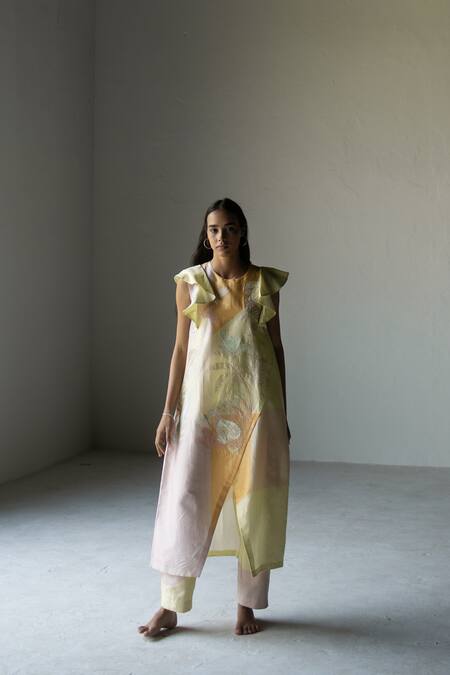 Buy_Oja_Yellow Handloom Cotton, Chanderi, Silk Tropical Asymmetric Kurta With Pant _Online_at_Aza_Fashions