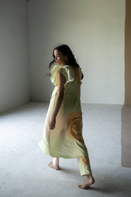 Shop_Oja_Yellow Handloom Cotton, Chanderi, Silk Tropical Asymmetric Kurta With Pant _Online_at_Aza_Fashions