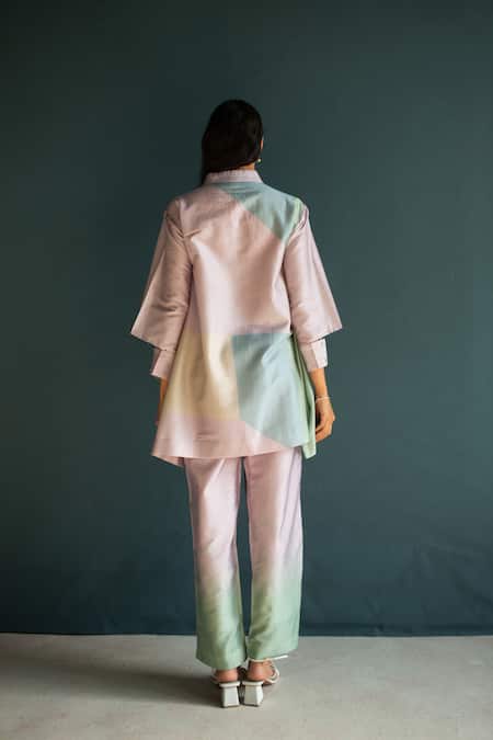 Shop_Oja_Purple Chanderi, Silk Applique, Garden Asymmetric Shirt Tunic With Pant _at_Aza_Fashions