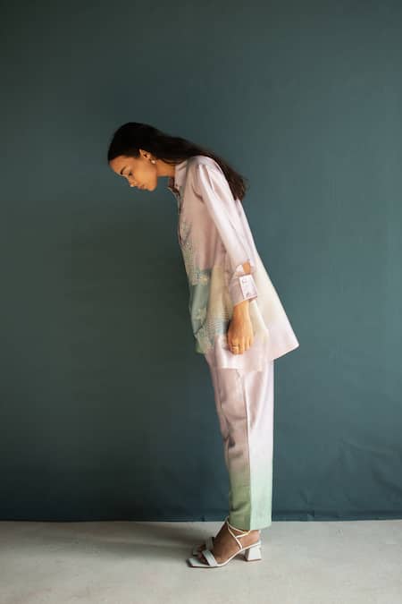 Oja_Purple Chanderi, Silk Applique, Garden Asymmetric Shirt Tunic With Pant _Online_at_Aza_Fashions