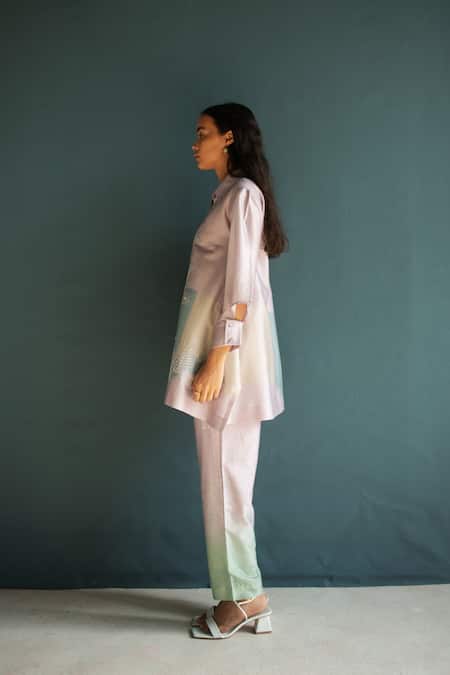 Buy_Oja_Purple Chanderi, Silk Applique, Garden Asymmetric Shirt Tunic With Pant _Online_at_Aza_Fashions