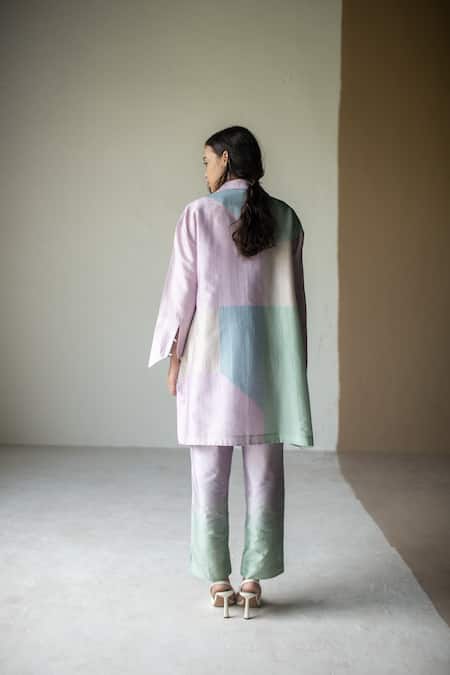 Shop Oja Blue Chanderi , Chanderi, Embroidery, Floral Printed Jacket Pant Set at Aza Fashions Shop_Oja_Blue Chanderi , Chanderi, Embroidery, Floral Printed Jacket Pant Set _at_Aza_Fashions