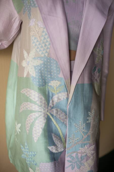 Buy Oja Blue Chanderi , Chanderi, Embroidery, Floral Printed Jacket Pant Set Online at Aza Fashions Buy_Oja_Blue Chanderi , Chanderi, Embroidery, Floral Printed Jacket Pant Set _Online_at_Aza_Fashions