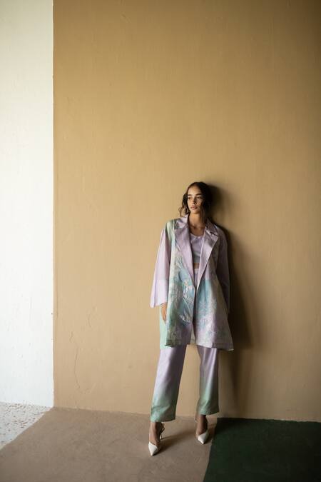 Shop Oja Blue Chanderi , Chanderi, Embroidery, Floral Printed Jacket Pant Set Online at Aza Fashions Shop_Oja_Blue Chanderi , Chanderi, Embroidery, Floral Printed Jacket Pant Set _Online_at_Aza_Fashions