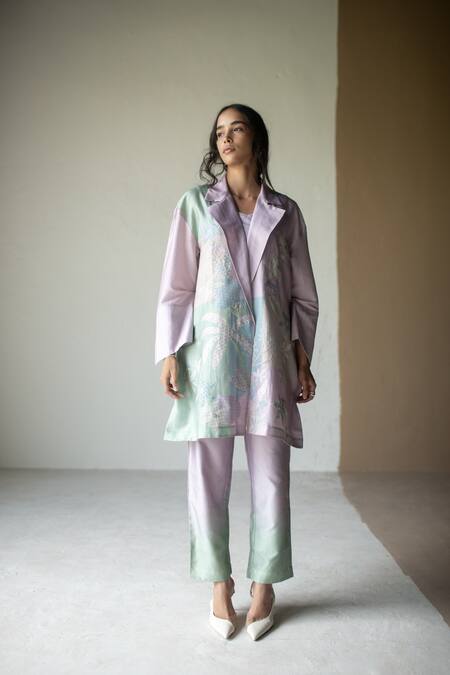 Oja Blue Chanderi , Chanderi, Embroidery, Floral Printed Jacket Pant Set at Aza Fashions Oja_Blue Chanderi , Chanderi, Embroidery, Floral Printed Jacket Pant Set _at_Aza_Fashions