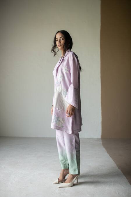 Buy Oja Blue Chanderi , Chanderi, Embroidery, Floral Printed Jacket Pant Set Buy_Oja_Blue Chanderi , Chanderi, Embroidery, Floral Printed Jacket Pant Set