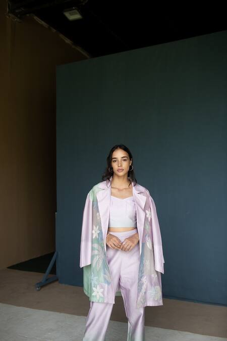 Shop Oja Blue Chanderi , Chanderi, Embroidery, Floral Printed Jacket Pant Set Shop_Oja_Blue Chanderi , Chanderi, Embroidery, Floral Printed Jacket Pant Set