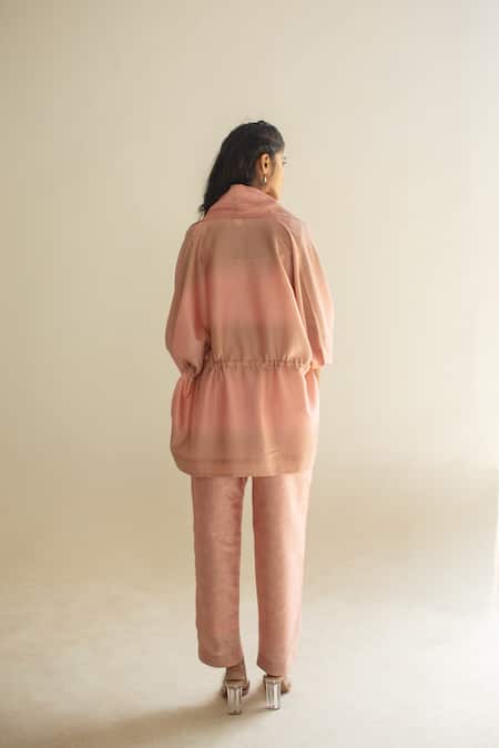 Shop_Oja_Peach Chanderi Silk, Chanderi, Handloom Floral Collar Open Shirt Pant Set _at_Aza_Fashions