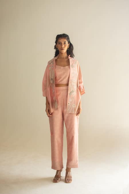 Oja_Peach Chanderi Silk, Chanderi, Handloom Floral Collar Open Shirt Pant Set _Online_at_Aza_Fashions