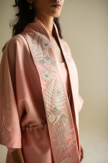 Buy_Oja_Peach Chanderi Silk, Chanderi, Handloom Floral Collar Open Shirt Pant Set _Online_at_Aza_Fashions