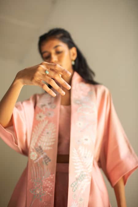 Oja_Peach Chanderi Silk, Chanderi, Handloom Floral Collar Open Shirt Pant Set _at_Aza_Fashions