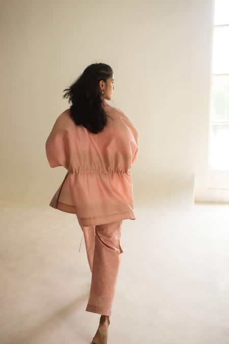 Shop_Oja_Peach Chanderi Silk, Chanderi, Handloom Floral Collar Open Shirt Pant Set 