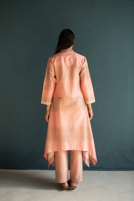 Shop_Oja_Peach Chanderi, Silk Applique Mandarin Collar Floral Asymmetric Kurta With Pant _at_Aza_Fashions