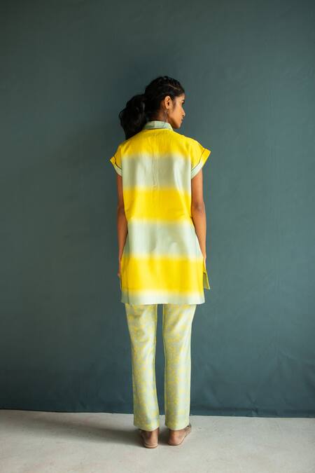 Shop_Oja_Yellow Chanderi Applique, Embroidery Shaded High-low Shirt Tunic With Pant _at_Aza_Fashions