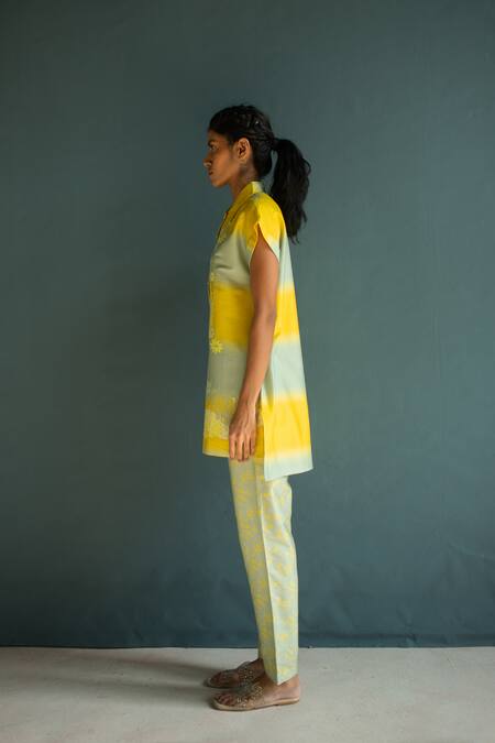 Oja_Yellow Chanderi Applique, Embroidery Shaded High-low Shirt Tunic With Pant _Online_at_Aza_Fashions