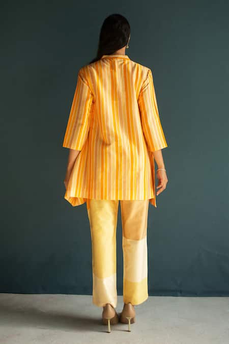 Shop Oja Yellow Handloom Silk Chanderi Gradient High-low Shirt Tunic With Pant at Aza Fashions Shop_Oja_Yellow Handloom Silk Chanderi Gradient High-low Shirt Tunic With Pant _at_Aza_Fashions