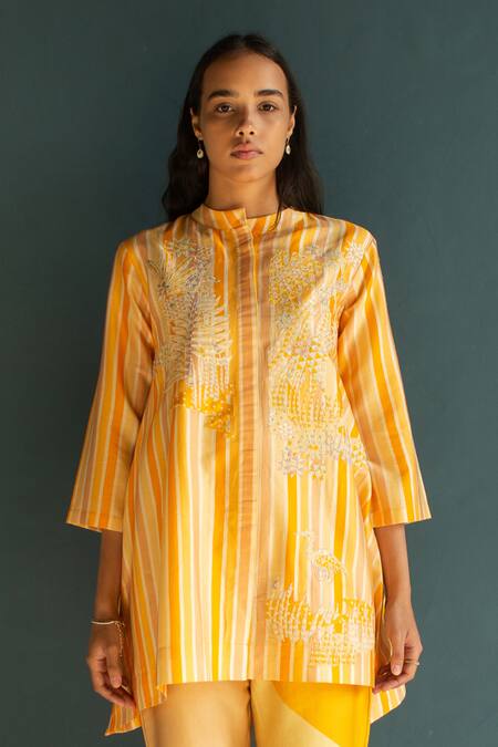 Oja Yellow Handloom Silk Chanderi Gradient High-low Shirt Tunic With Pant Online at Aza Fashions Oja_Yellow Handloom Silk Chanderi Gradient High-low Shirt Tunic With Pant _Online_at_Aza_Fashions