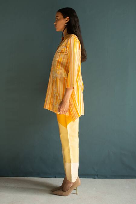 Buy Oja Yellow Handloom Silk Chanderi Gradient High-low Shirt Tunic With Pant Online at Aza Fashions Buy_Oja_Yellow Handloom Silk Chanderi Gradient High-low Shirt Tunic With Pant _Online_at_Aza_Fashions