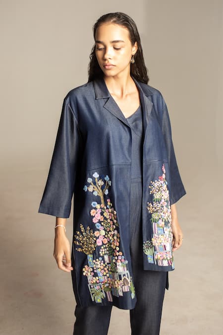 Shop_Oja_Blue Tencel, Denim Embroidery Collared Floral Knot Asymmetric Jacket Pant Set _at_Aza_Fashions