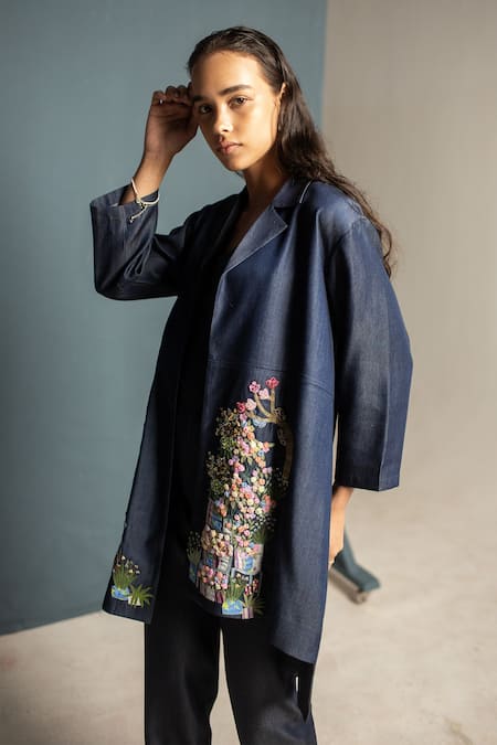 Oja_Blue Tencel, Denim Embroidery Collared Floral Knot Asymmetric Jacket Pant Set _Online_at_Aza_Fashions