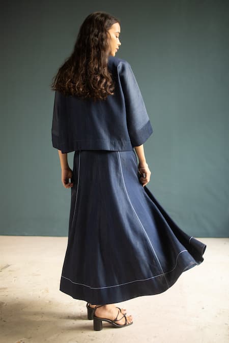 Shop Oja Blue Tencel, Denim Embroidery Round Neck Floral Knot Jacket With Dress at Aza Fashions Shop_Oja_Blue Tencel, Denim Embroidery Round Neck Floral Knot Jacket With Dress _at_Aza_Fashions