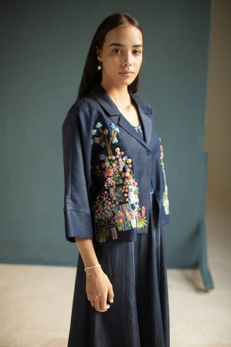 Oja Blue Tencel, Denim Embroidery Round Neck Floral Knot Jacket With Dress Online at Aza Fashions Oja_Blue Tencel, Denim Embroidery Round Neck Floral Knot Jacket With Dress _Online_at_Aza_Fashions
