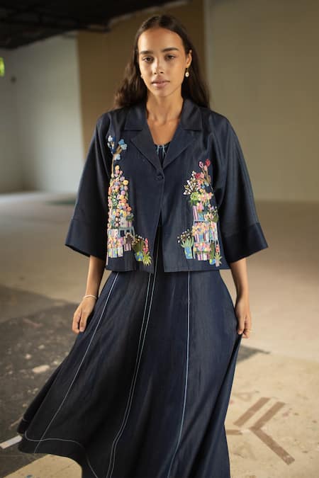 Buy Oja Blue Tencel, Denim Embroidery Round Neck Floral Knot Jacket With Dress Online at Aza Fashions Buy_Oja_Blue Tencel, Denim Embroidery Round Neck Floral Knot Jacket With Dress _Online_at_Aza_Fashions