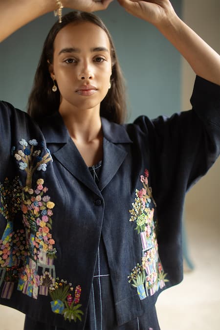 Shop Oja Blue Tencel, Denim Embroidery Round Neck Floral Knot Jacket With Dress Online at Aza Fashions Shop_Oja_Blue Tencel, Denim Embroidery Round Neck Floral Knot Jacket With Dress _Online_at_Aza_Fashions