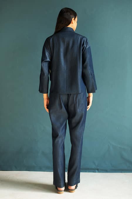 Shop Oja Blue Tencel Embroidery Collared, Round Neck High-low Applique Jacket Pant Set at Aza Fashions Shop_Oja_Blue Tencel Embroidery Collared, Round Neck High-low Applique Jacket Pant Set _at_Aza_Fashions