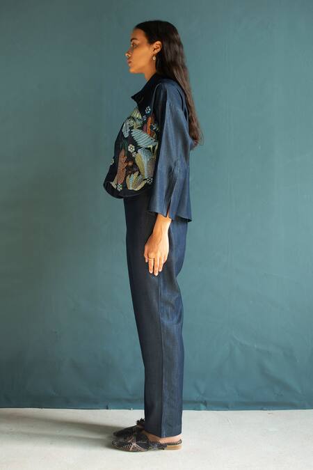 Oja Blue Tencel Embroidery Collared, Round Neck High-low Applique Jacket Pant Set Online at Aza Fashions Oja_Blue Tencel Embroidery Collared, Round Neck High-low Applique Jacket Pant Set _Online_at_Aza_Fashions