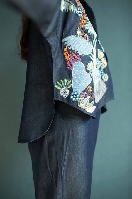 Buy Oja Blue Tencel Embroidery Collared, Round Neck High-low Applique Jacket Pant Set Online at Aza Fashions Buy_Oja_Blue Tencel Embroidery Collared, Round Neck High-low Applique Jacket Pant Set _Online_at_Aza_Fashions