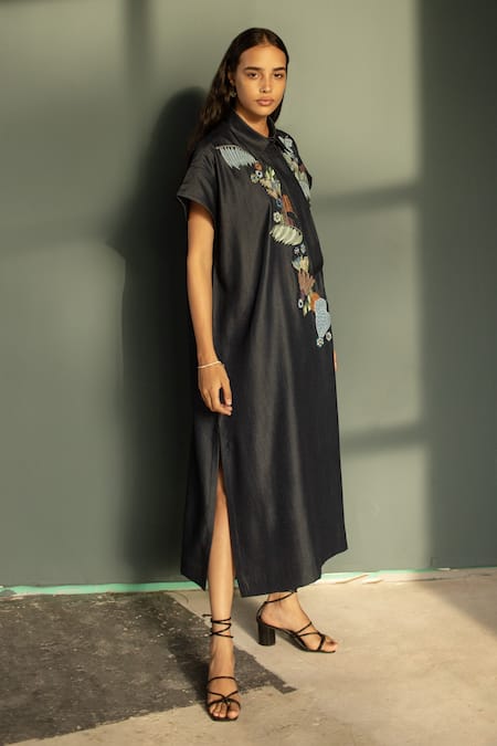 Oja_Blue Tensil Denim Embroidered Applique Shirt Collar Floral Dress _Online_at_Aza_Fashions
