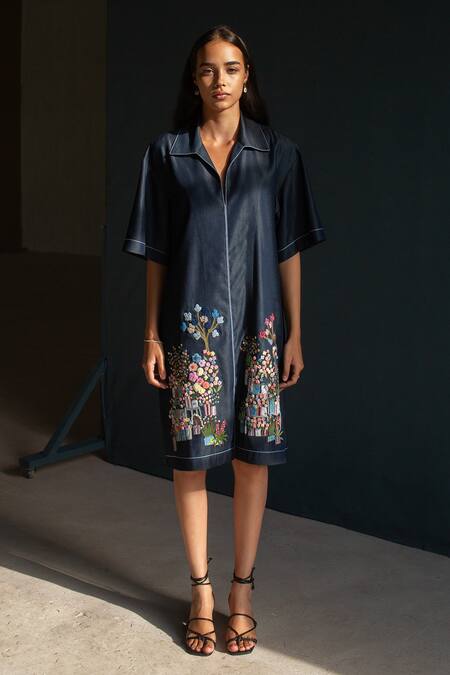Shop_Oja_Blue Tensil Denim Embroidered Applique Shirt Collar Dress _at_Aza_Fashions