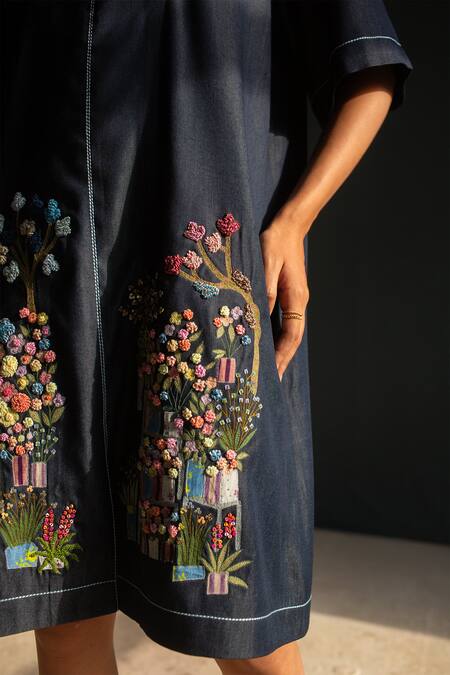 Buy_Oja_Blue Tensil Denim Embroidered Applique Shirt Collar Dress _Online_at_Aza_Fashions