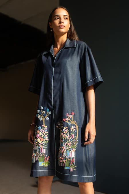 Shop_Oja_Blue Tensil Denim Embroidered Applique Shirt Collar Dress _Online_at_Aza_Fashions