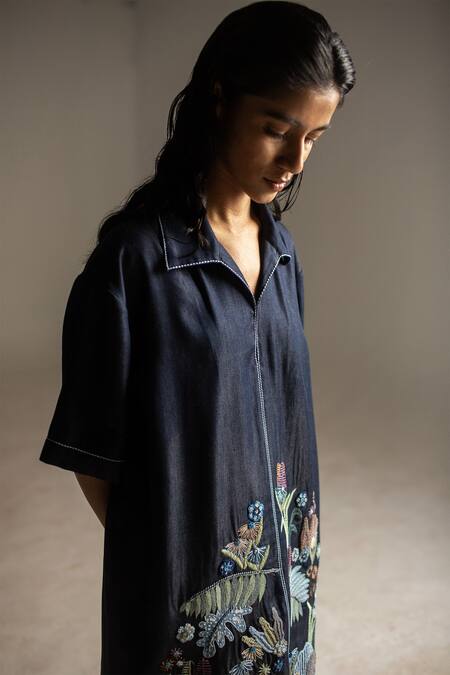 Oja_Blue Tensil Denim Embroidered Applique Shirt Collar Floral Dress _Online_at_Aza_Fashions