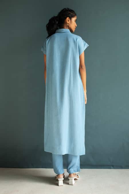 Shop_Oja_Blue Handloom Cotton, Tencel Embroidery, Applique Shawl Floral Kurta With Pant _at_Aza_Fashions