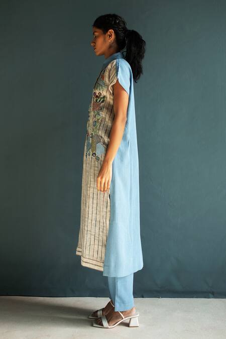 Buy_Oja_Blue Handloom Cotton, Tencel Embroidery, Applique Shawl Floral Kurta With Pant _Online_at_Aza_Fashions