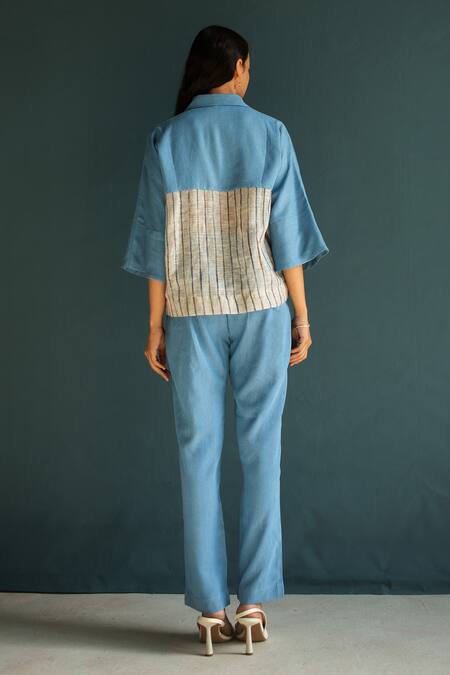 Shop_Oja_Blue Tensil Denim And Handloom Linen Embroidery Floral Knot Shirt With Pant _at_Aza_Fashions