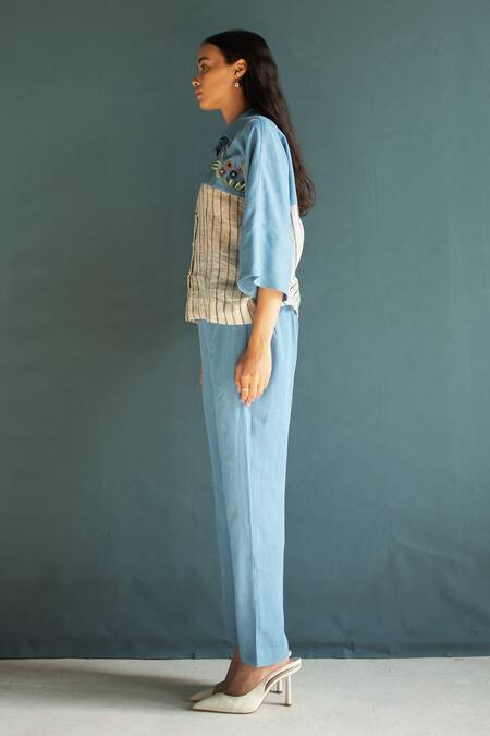 Oja_Blue Tensil Denim And Handloom Linen Embroidery Floral Knot Shirt With Pant _Online_at_Aza_Fashions