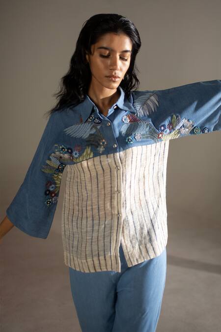 Buy_Oja_Blue Tensil Denim And Handloom Linen Embroidery Floral Knot Shirt With Pant _Online_at_Aza_Fashions