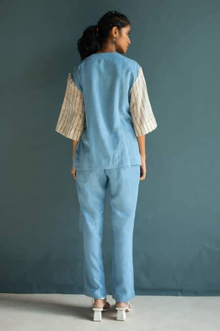Shop_Oja_Blue Tensil Denim And Handloom Linen Embroidery Floral V Neck Top With Pant _at_Aza_Fashions